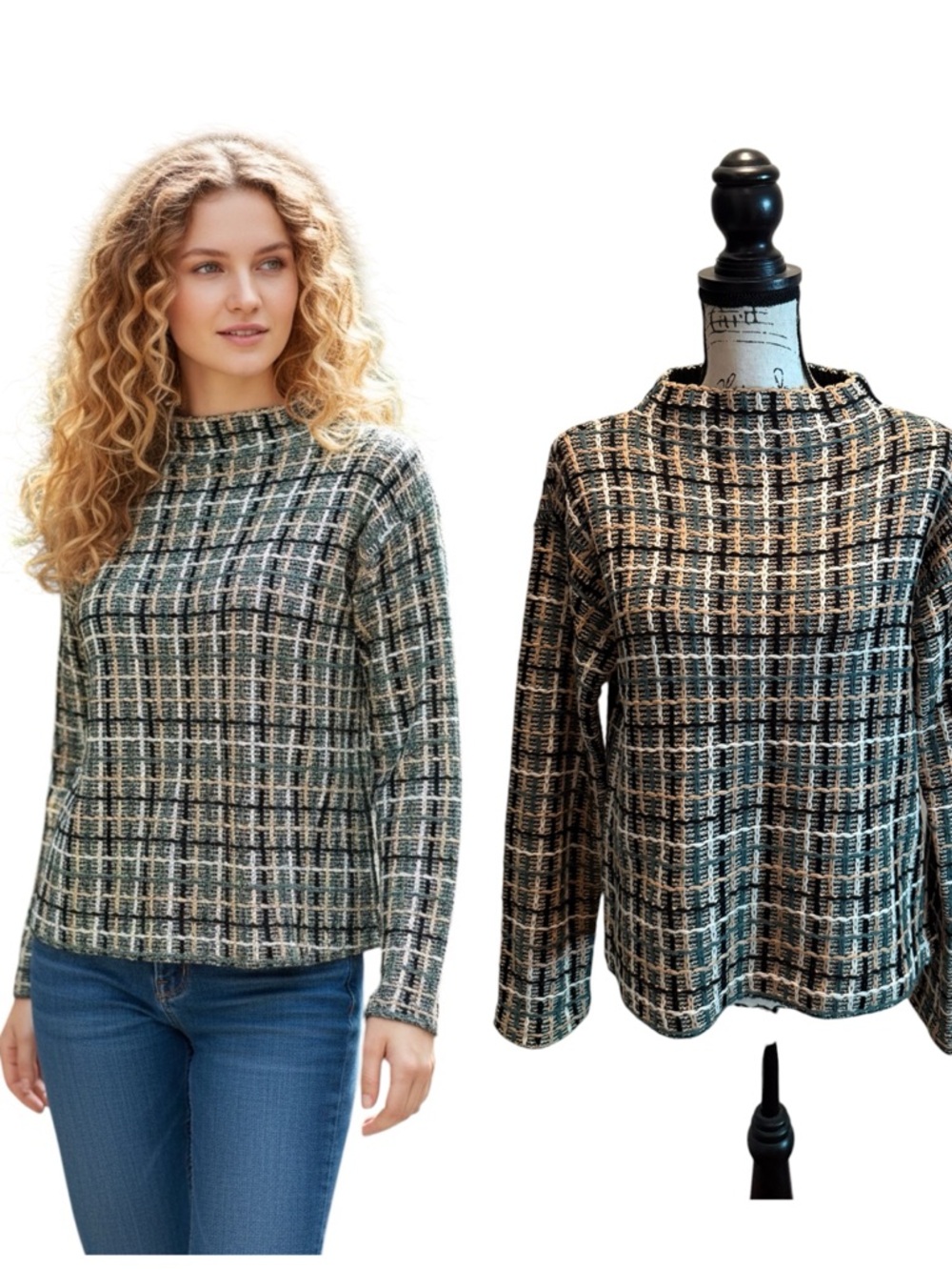 Ann Taylor Check Sweater Green Size Small NWT Mock Neck Texture Weave Pullover